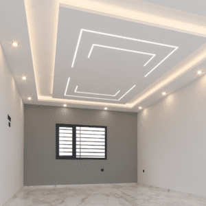 Faux plafond moderne avec éclairage indirect dissimulé et structure géométrique subtile