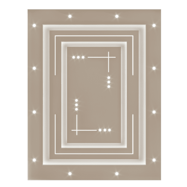 Faux plafond avec motifs géométriques épurés dans un espace minimaliste.