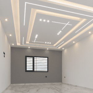 Faux plafond avec motifs géométriques épurés dans un espace minimaliste.
