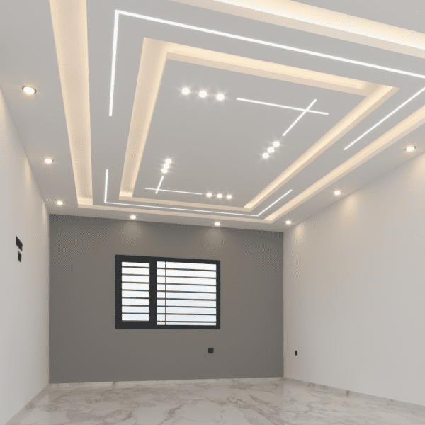 Faux plafond avec motifs géométriques épurés dans un espace minimaliste.