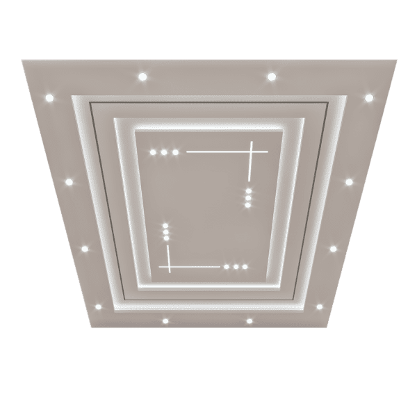Faux plafond moderne avec structure en relief et motifs de lignes LED perpendiculaires.