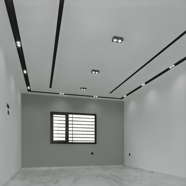 Faux Plafond Moderne avec rainure Noires et Spots Encastrés
