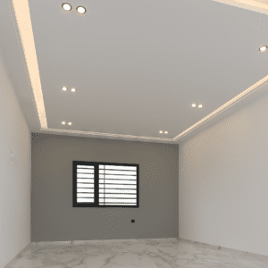Faux plafond suspendu moderne avec une gorge lumineuse indirecte périphérique et plusieurs spots LED encastrés pour un éclairage ciblé.