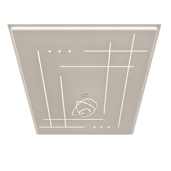 Faux plafond de salon moderne avec des lignes LED profilées, un joint creux lumineux périphérique et un luminaire central design.