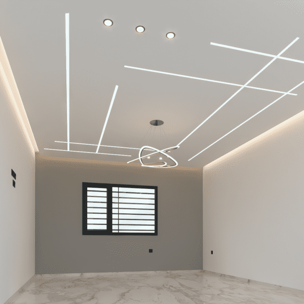 Faux plafond de salon moderne avec des lignes LED profilées, un joint creux lumineux périphérique et un luminaire central design.