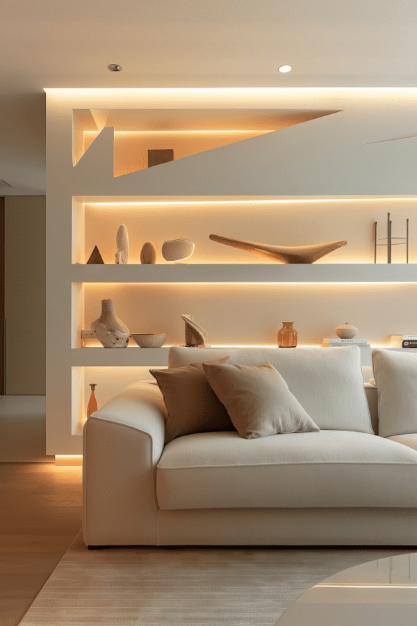 Étagère Murale Asymétrique : Design Sculptural Lumineux